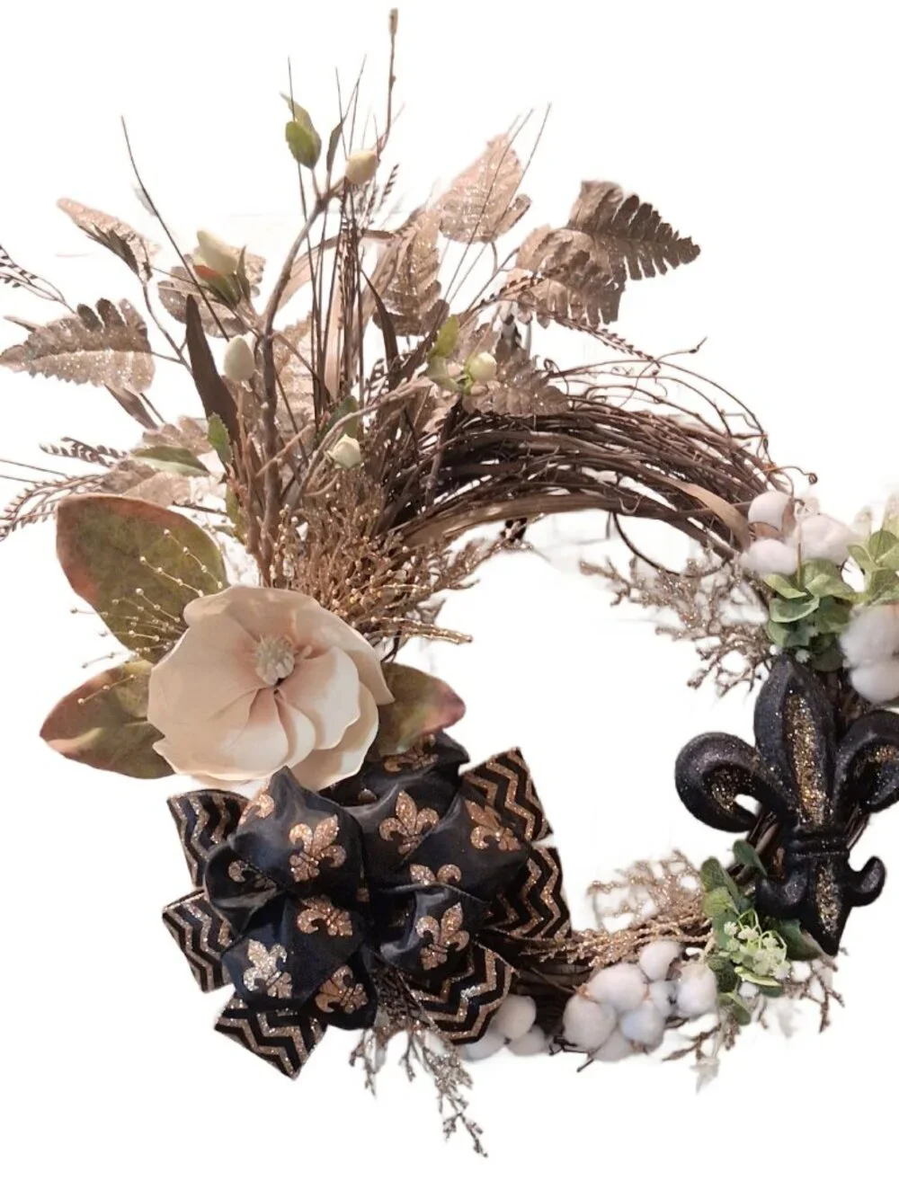 Southern Flare Fleur de Lis Black and Gold Saints Wreath